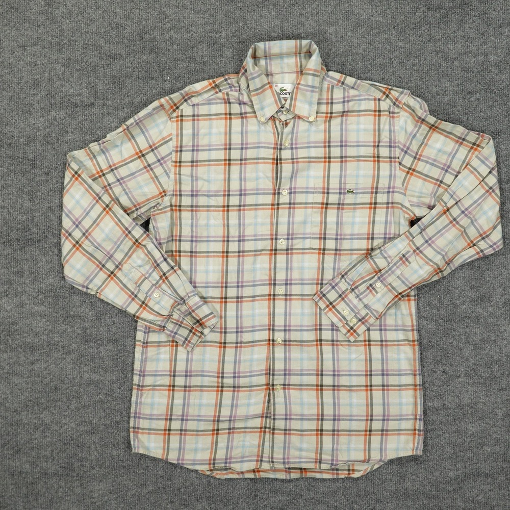 Lacoste Shirt Mens 39 Small White Plaid Button Down Long Sleeve Cotton Logo